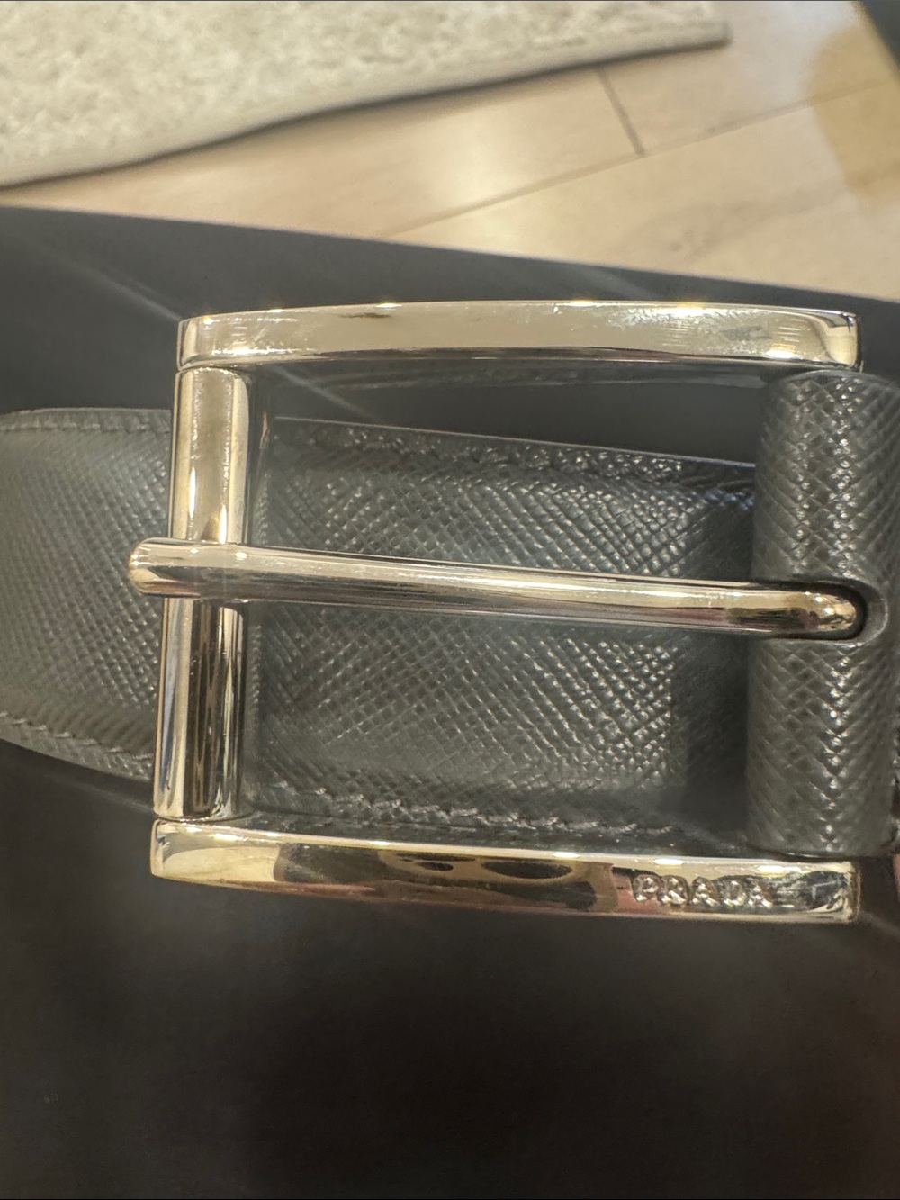 Prada grey Saffiano Leather Men's Belt with Silver-Tone Buckle